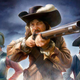 A man in a colonial outfit points a musket.